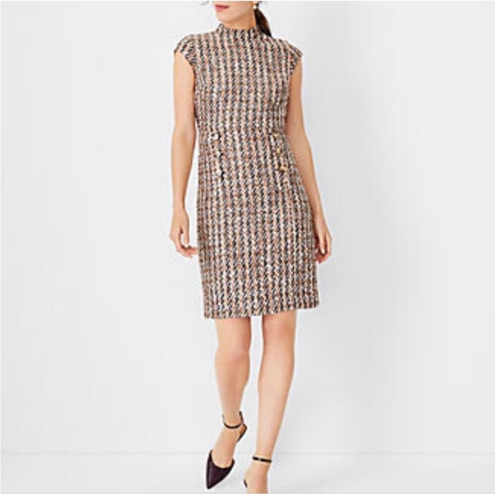 Ann Taylor Brown Tweed Cap-Sleeve Shift Dress